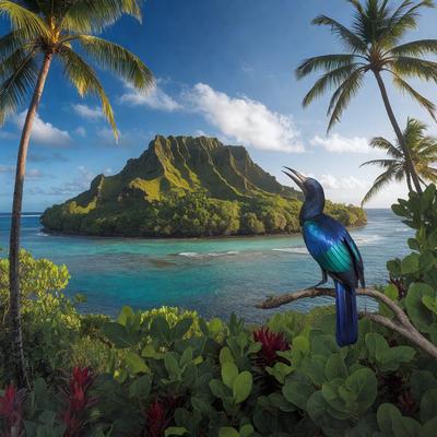 The primary subject of the image is a blue bird perched on a branch near the ocean. The setting is a tropical island with a lush green hillside and a beautiful blue ocean. The visual style is a photo, capturing the bird in its natural habitat. The colors and mood of the image are vibrant and serene, with the blue bird standing out against the lush greenery and the stunning blue ocean.
